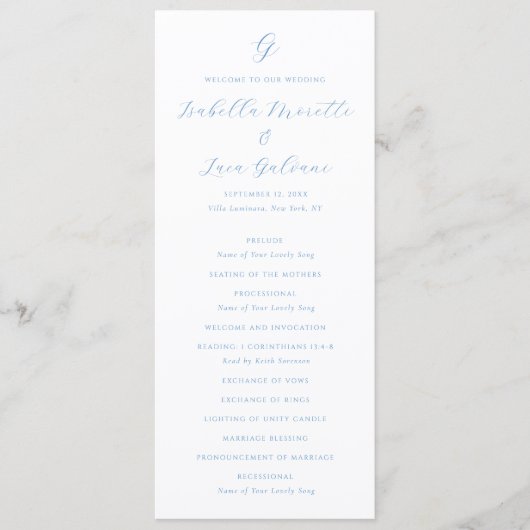 Elegante Blauwe en Witte Kust Chic Bruiloft Programma (Voorkant)