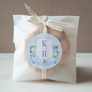 Elegante Blauwe en Witte Kust Monogram Bruiloft Ronde Sticker