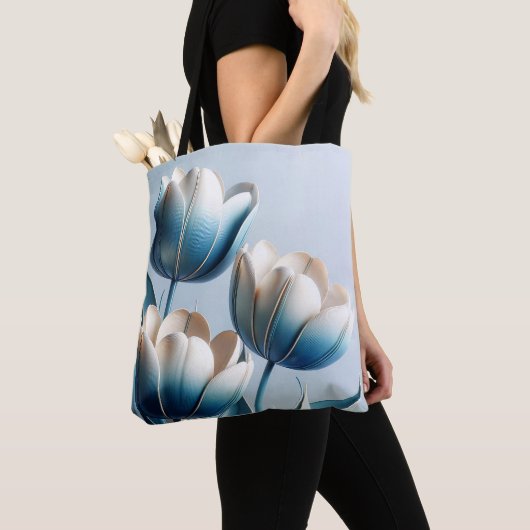 Elegante Blauwe en Witte Tulpen Draagtas (Dichtbij)