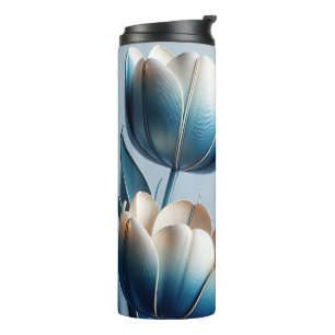Elegante Blauwe en Witte Tulpen Thermosbeker
