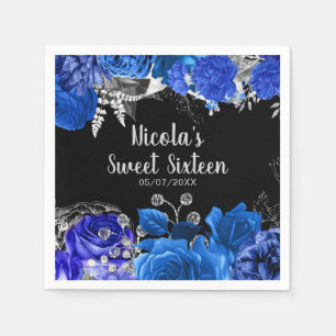 Elegante Blauwe en Zilveren Bloemen Sweet Sixteen Servet