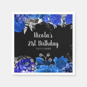 Elegante Blauwe en Zilveren Bloemen Verjaardagsfee Servet