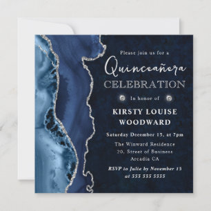Elegante Blauwe en Zilveren Glitter Agate Quincean Kaart