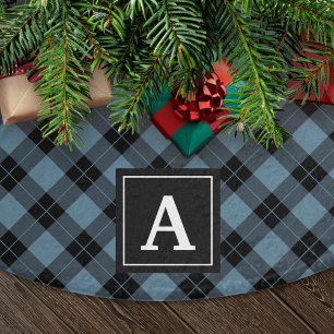 Elegante blauwe en zwarte geruite monogram kerstboom rok