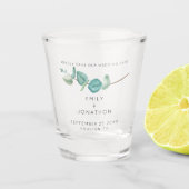 Elegante blauwe Eucalyptus Keepsake Save the Date  Shot Glas (Voorkant)