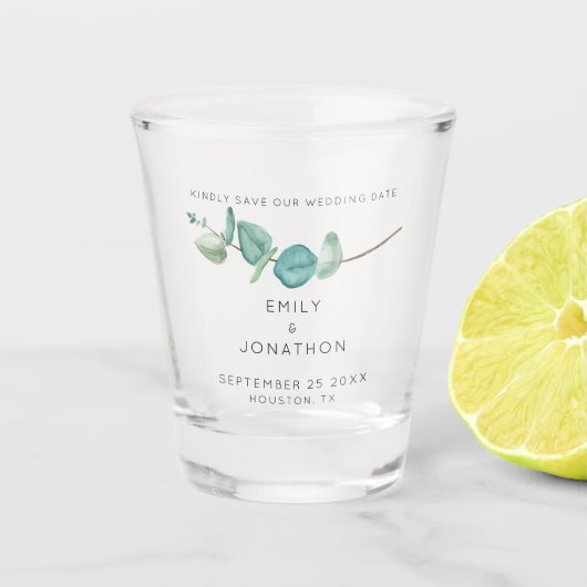 Elegante blauwe Eucalyptus Keepsake Save the Date  Shot Glas (Voorkant)