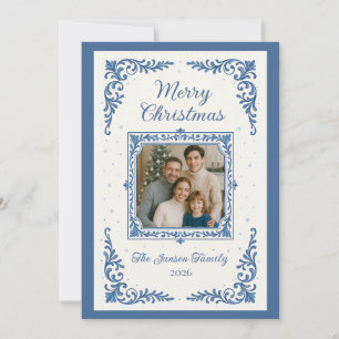 Elegante Blauwe Familiefoto Kerstmis Feestdagenkaart