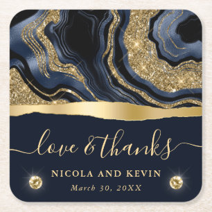 Elegante Blauwe Folie en Gouden Glitter Agate Brui Vierkante Kartonnen Onderzetter