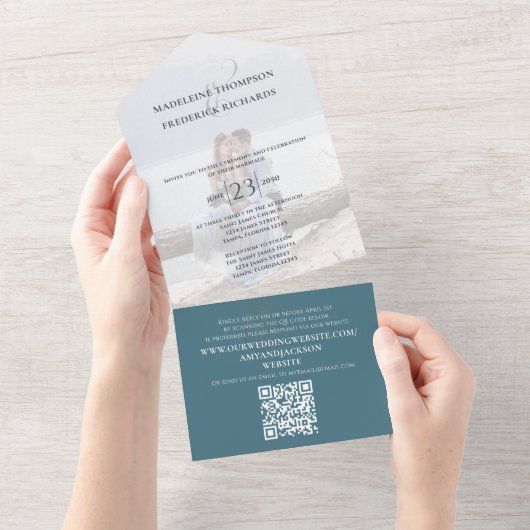 Elegante Blauwe Foto QR Code Huwelijk All In One Uitnodiging (Afscheurbaar)