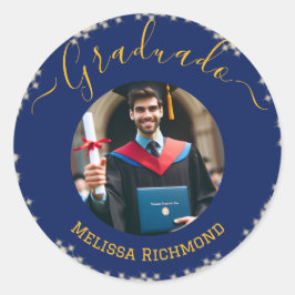 Elegante blauwe foto Spaans afgestudeerd Ronde Sticker