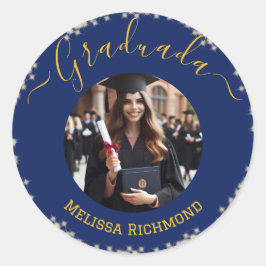 Elegante blauwe foto Spaans afgestudeerd Ronde Sticker