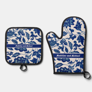 Elegante Blauwe Franse Landelijke Chinoiserie Naam Ovenwant & Pannenlap Set