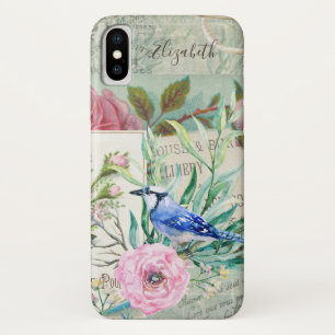 Elegante Blauwe Gaai Vogel Vintage Roze Bloem en N iPhone X Hoesje