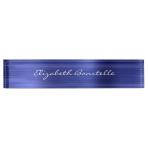 Elegante Blauwe Geborstelde Metaalfolie Handgeschr Naambordje