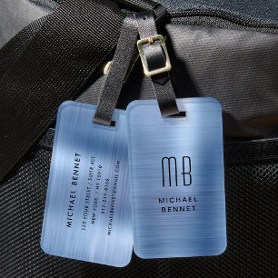 Elegante Blauwe Geborstelde Metal Monogram Bagagelabel