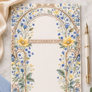 Elegante Blauwe & Gele Bloemboog Briefpapier