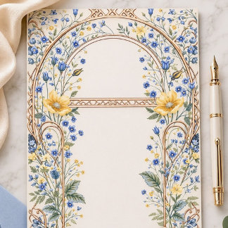 Elegante Blauwe & Gele Bloemboog Briefpapier