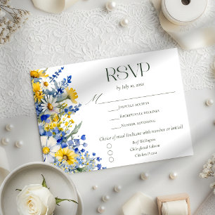 Elegante Blauwe Gele Wilde Bloem Bruiloft Maaltijd RSVP Kaartje