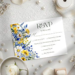 Elegante Blauwe Gele Wilde Bloem Bruiloft Maaltijd RSVP Kaartje
