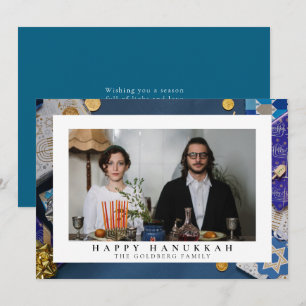 Elegante Blauwe Gelukkig Hanukkah Familie 1 Foto Feestdagenkaart