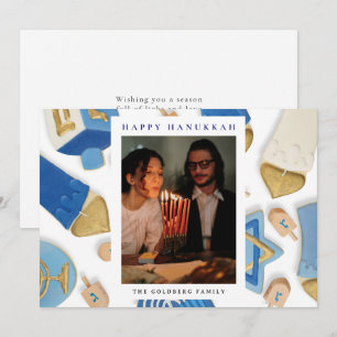 Elegante Blauwe Gelukkig Hanukkah Familie 1 Foto Feestdagenkaart