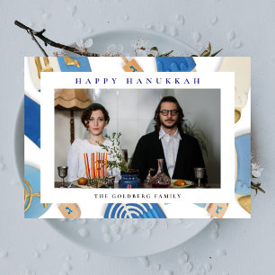 Elegante Blauwe Gelukkig Hanukkah Familie 1 Foto Feestdagenkaart
