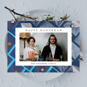 Elegante Blauwe Gelukkig Hanukkah Familie 1 Foto Feestdagenkaart