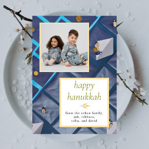 Elegante Blauwe Gelukkig Hanukkah Familie 1 Foto Feestdagenkaart