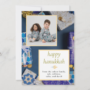 Elegante Blauwe Gelukkig Hanukkah Familie 1 Foto Feestdagenkaart