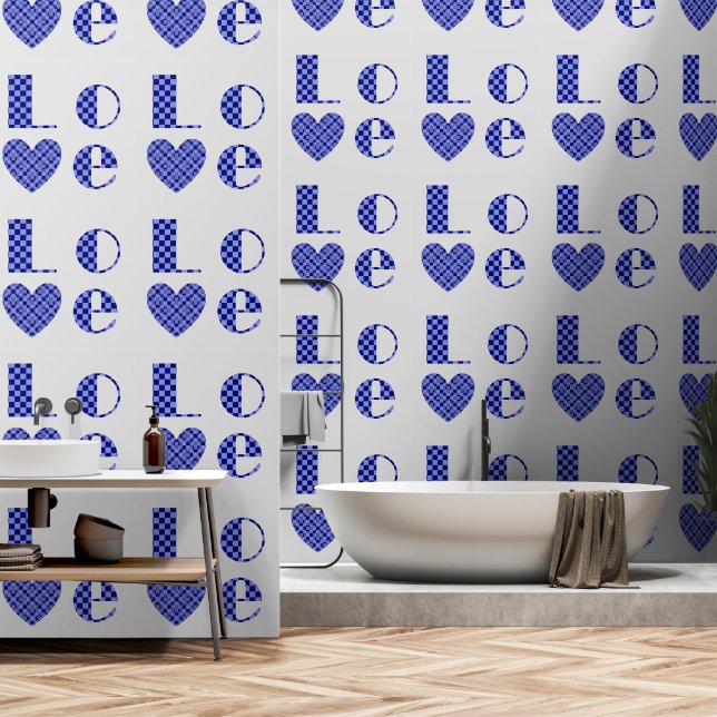 Elegante Blauwe geruite Liefdesharten Typografie K Behang (Badkamer)
