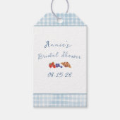 Elegante blauwe geruite zomers brunch bruidsborrel cadeaulabel (Voorkant)
