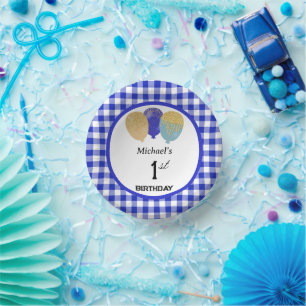 Elegante blauwe gingham & ballonnen 1e verjaardag papieren kommen