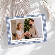Elegante Blauwe Gingham Plaid Foto Prettig Kerstfe