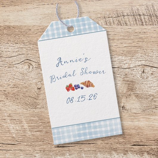 Elegante Blauwe Gingham Zomer Brunch Bruidsborrel Cadeaulabel