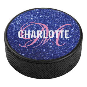 Elegante blauwe glitter monogram naam hockey puck