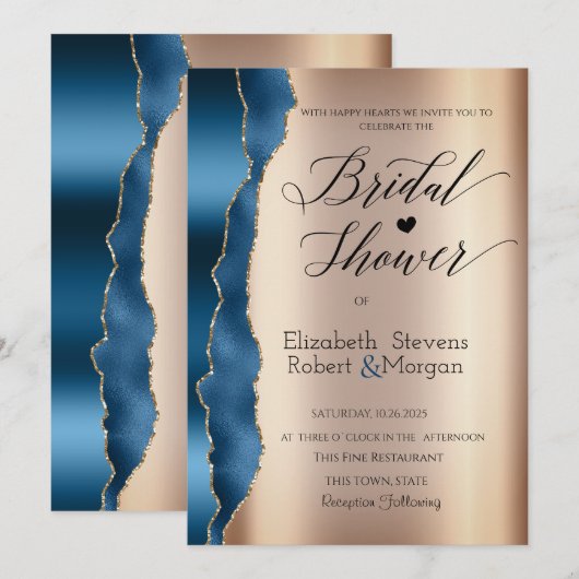 Elegante Blauwe Glitter Script Bruidsdouche Kaart (Voorkant / Achterkant)