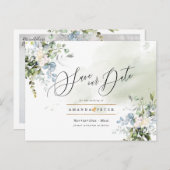 Elegante Blauwe Gom Foliage Save the Date Briefkaart (Voorkant / Achterkant)