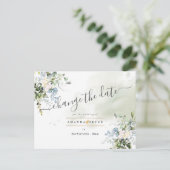 Elegante Blauwe Gom Foliage Verander de Datum Briefkaart (Staand voorkant)