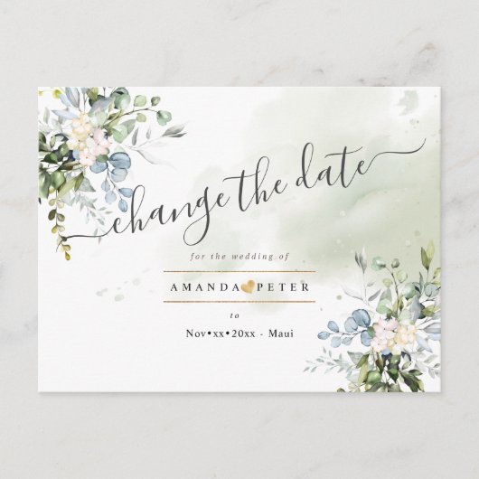 Elegante Blauwe Gom Foliage Verander de Datum Briefkaart (Voorkant)