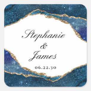 Elegante Blauwe Goud Folie Agate Huwelijk Vierkante Sticker