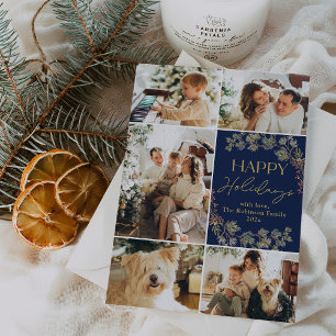 Elegante Blauwe Gouden 5 Foto Familie Kerstkaart