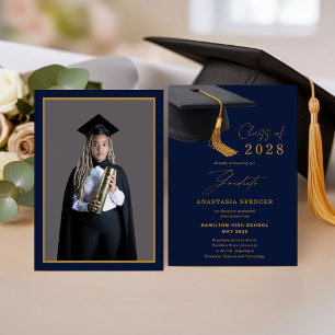 Elegante Blauwe Gouden Afstuderen met Foto Aankondiging