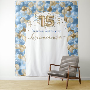 Elegante Blauwe Gouden Ballonboog Quinceanera Wandkleed