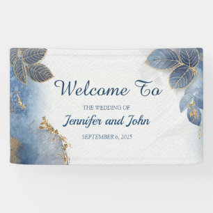 Elegante Blauwe Gouden Bladeren Botanische Trouwda Spandoek