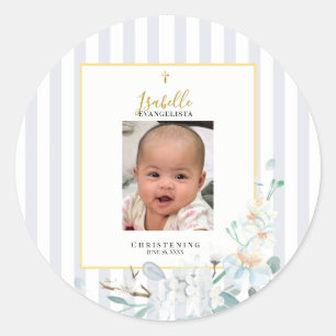 Elegante Blauwe Gouden Bloem Foto Doop Ronde Sticker