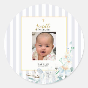 Elegante Blauwe Gouden Bloem Foto Doop Ronde Sticker
