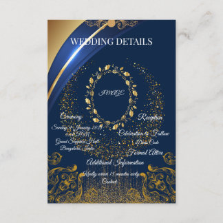 Elegante Blauwe & Gouden Bloemen Bruiloft Details Informatiekaartje