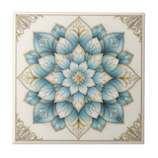 Elegante Blauwe Gouden Bloemrijke Mandala Keramisc Tegeltje