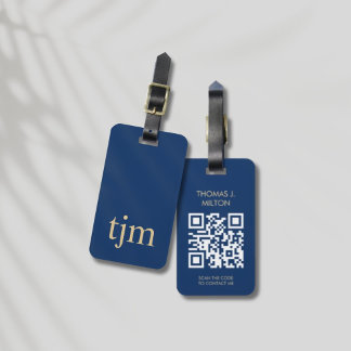 Elegante blauwe gouden bold monogram QR-code Bagagelabel