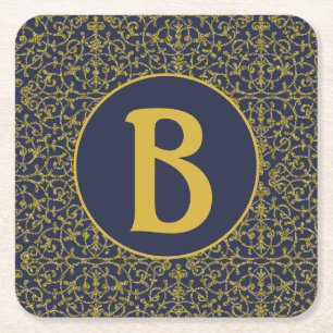 Elegante Blauwe & Gouden Filigraan Monogram Vierkante Kartonnen Onderzetter